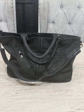 Sorial Black Leather Tote Handbag with Chain Strap